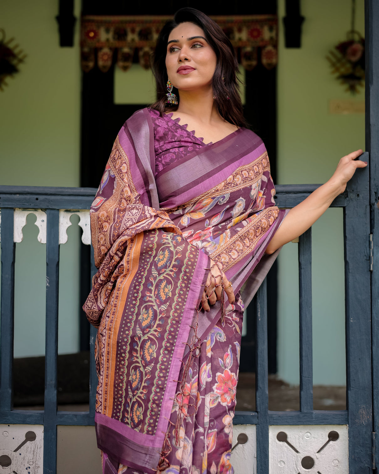 Purple floral printed pure cotton linen saree with blouse and tassels
