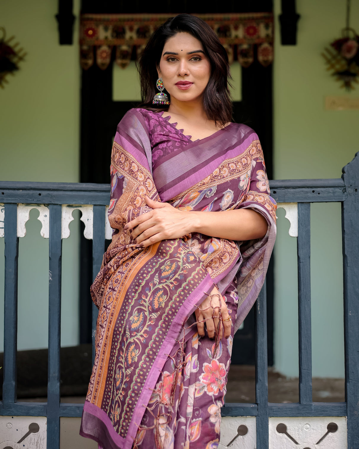 Purple floral printed pure cotton linen saree with blouse and tassels