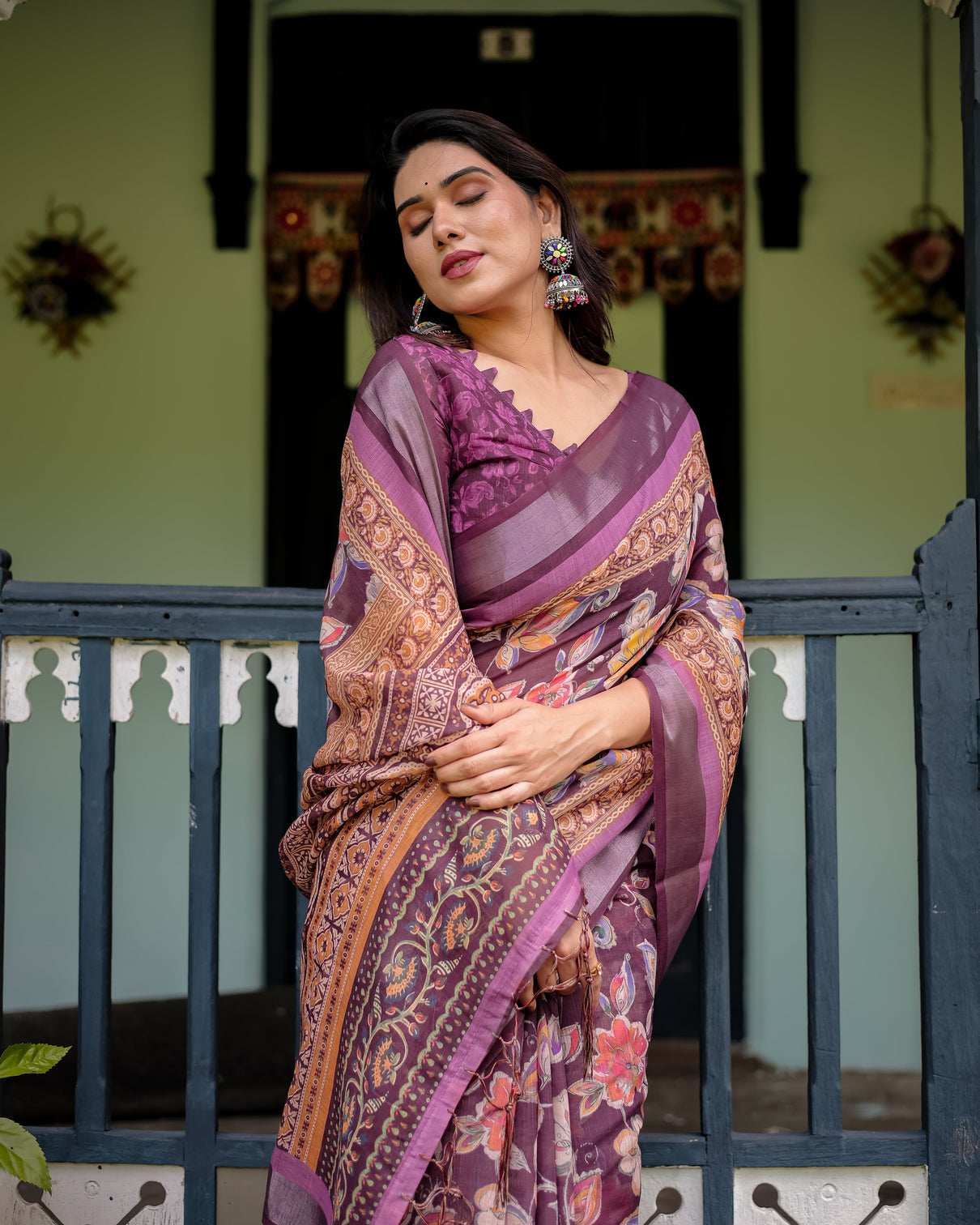 Purple floral printed pure cotton linen saree with blouse and tassels
