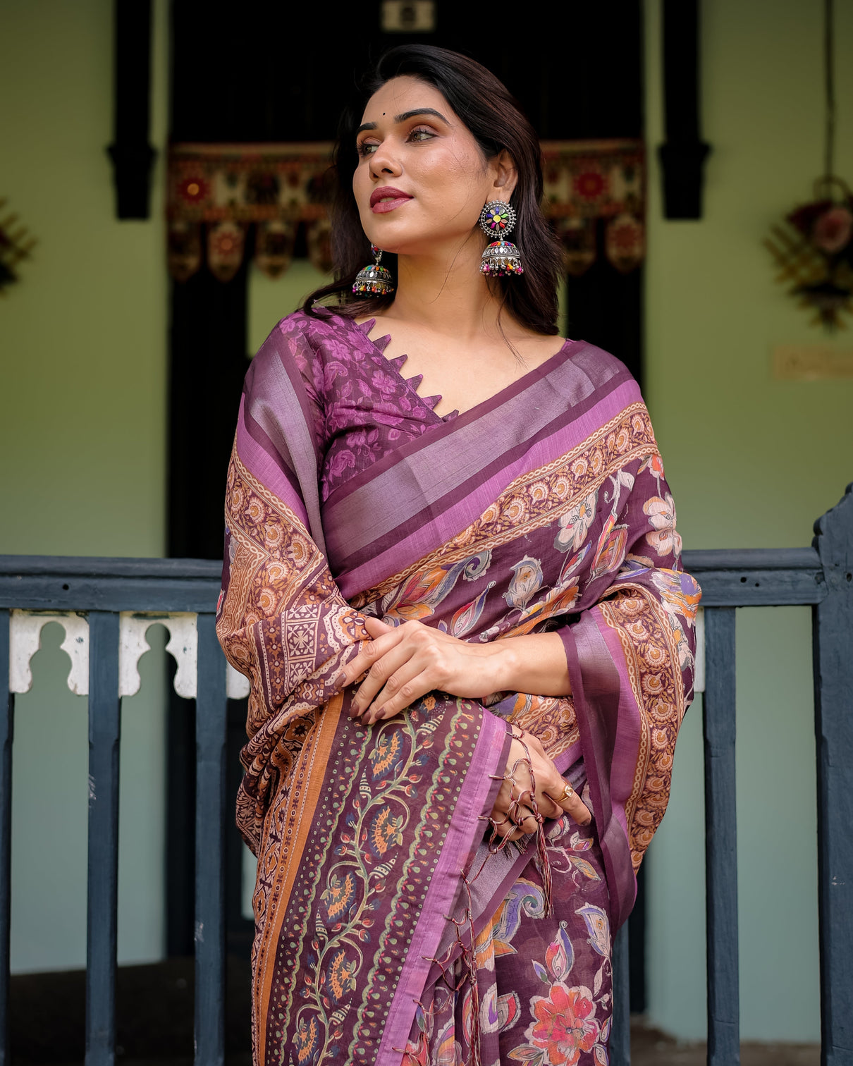 Purple floral printed pure cotton linen saree with blouse and tassels