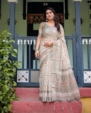 Beige pure cotton linen saree with geometric and leaf pattern blouse and tassels mameraa