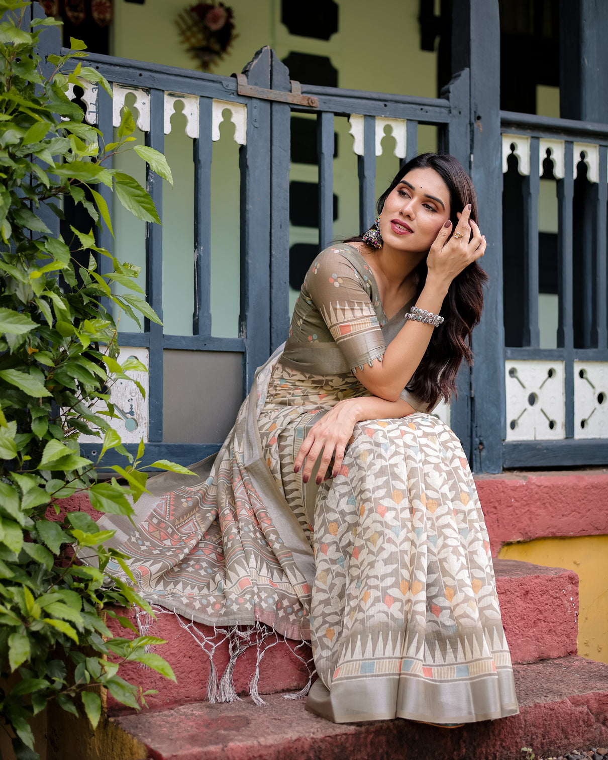Beige pure cotton linen saree with geometric and leaf pattern blouse and tassels