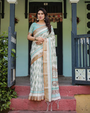 Beige with aqua pure cotton linen saree with geometric floral design and tassels on edges mameraa