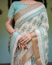 Beige with aqua pure cotton linen saree with geometric floral design and tassels on edges