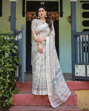 Beige and blue floral printed pure cotton linen saree with blouse and tassels mameraa