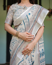 Beige and blue floral printed pure cotton linen saree with blouse and tassels