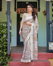 Cream and pastel multicolour printed pure cotton linen saree with blouse and tassels on edges mameraa