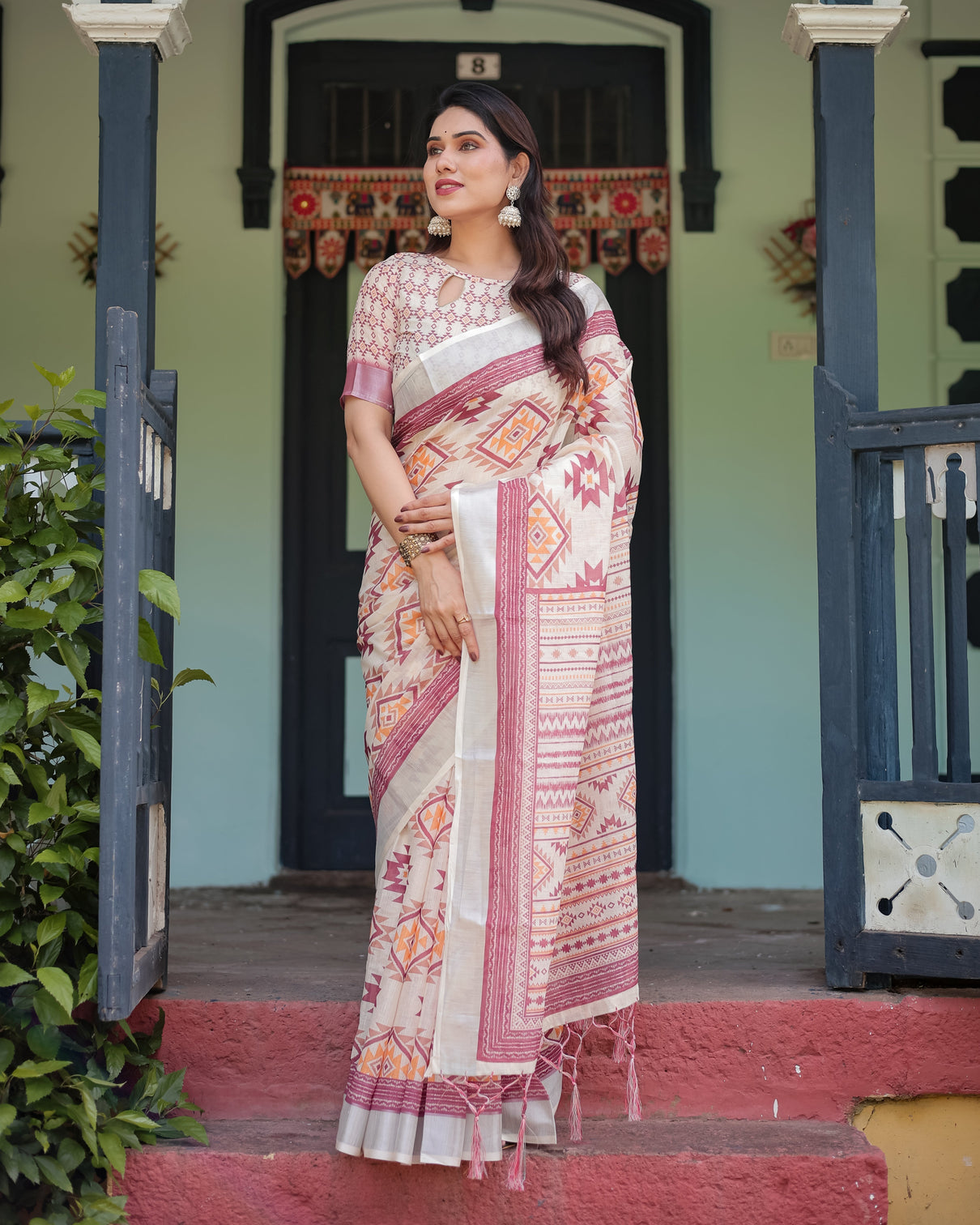 Cream and maroon geometric printed pure cotton linen saree with blouse and tassels mameraa