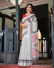 Black and white geometric pattern pure cotton linen saree with red accents blouse and tassel details mameraa