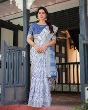 Blue and white floral pure cotton linen saree with blouse and tassels mameraa