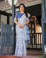 Blue and White Floral Pure Cotton Linen Saree with Blouse and Tassels