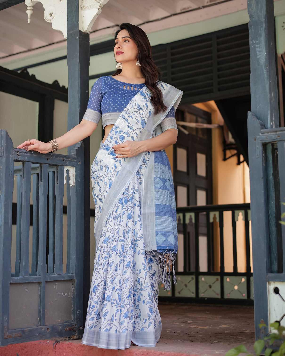 Blue and white floral pure cotton linen saree with blouse and tassels