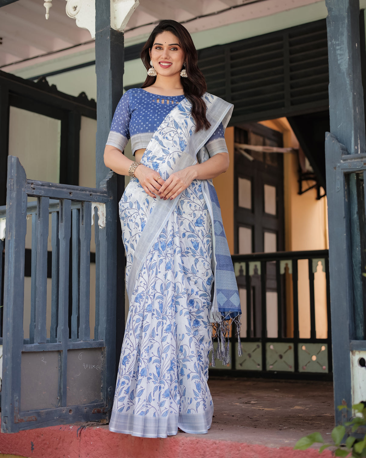 Blue and white floral pure cotton linen saree with blouse and tassels