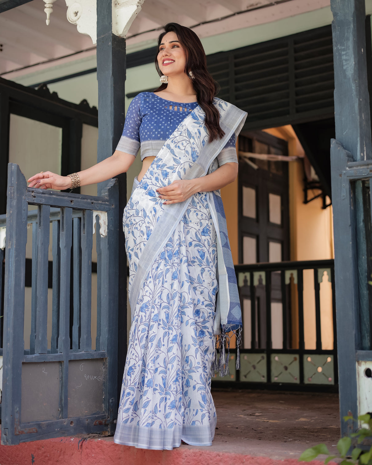 Blue and white floral pure cotton linen saree with blouse and tassels