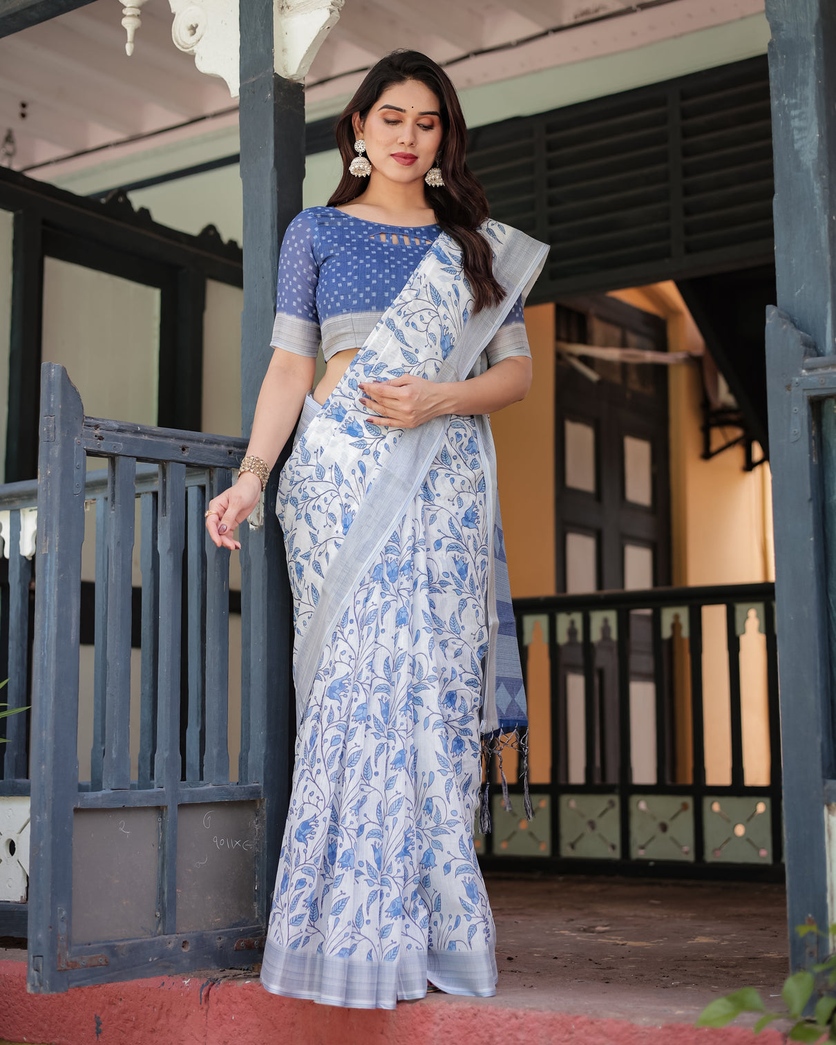 Blue and white floral pure cotton linen saree with blouse and tassels