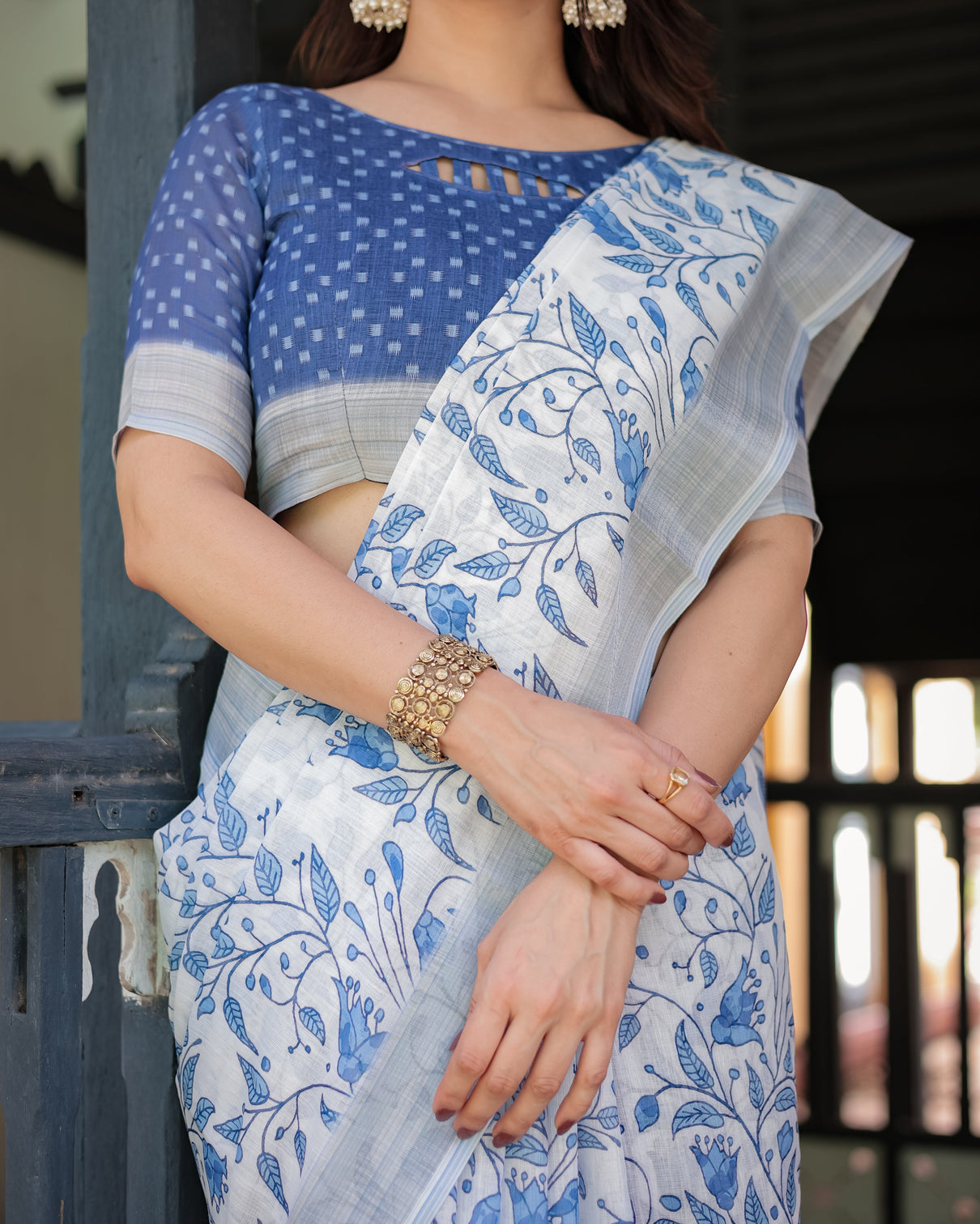 Blue and white floral pure cotton linen saree with blouse and tassels