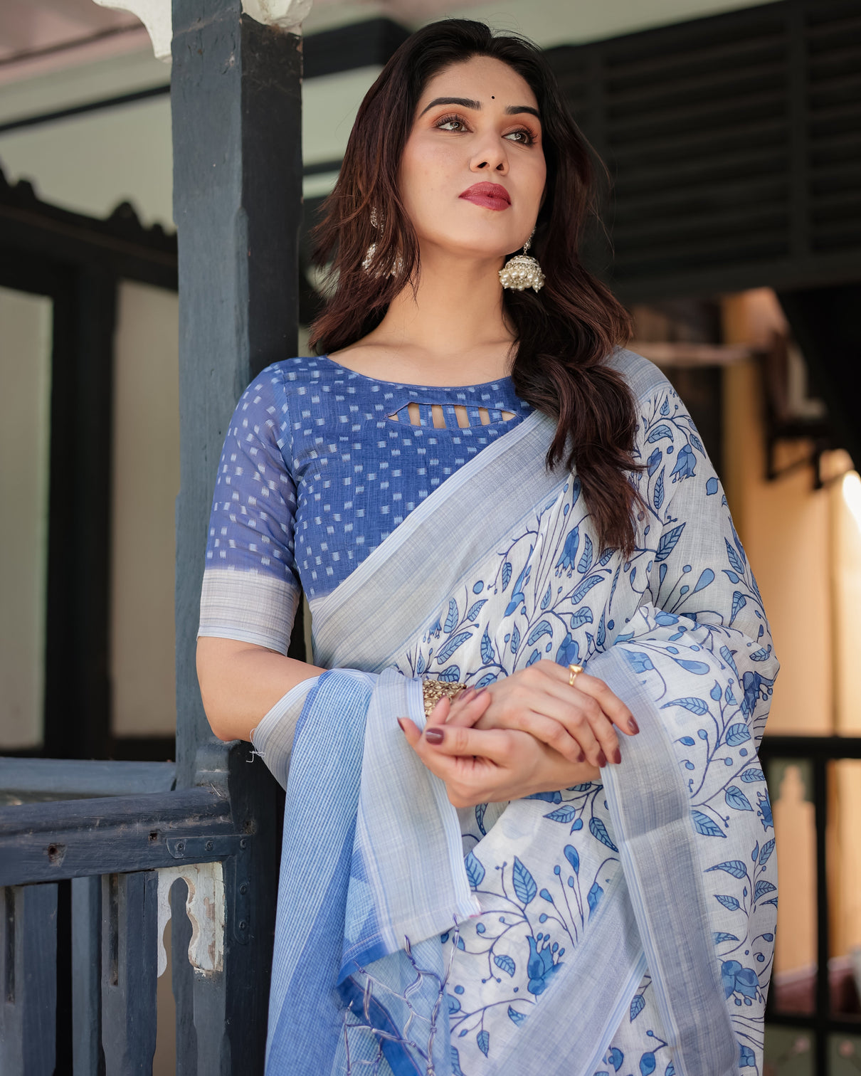 Blue and white floral pure cotton linen saree with blouse and tassels