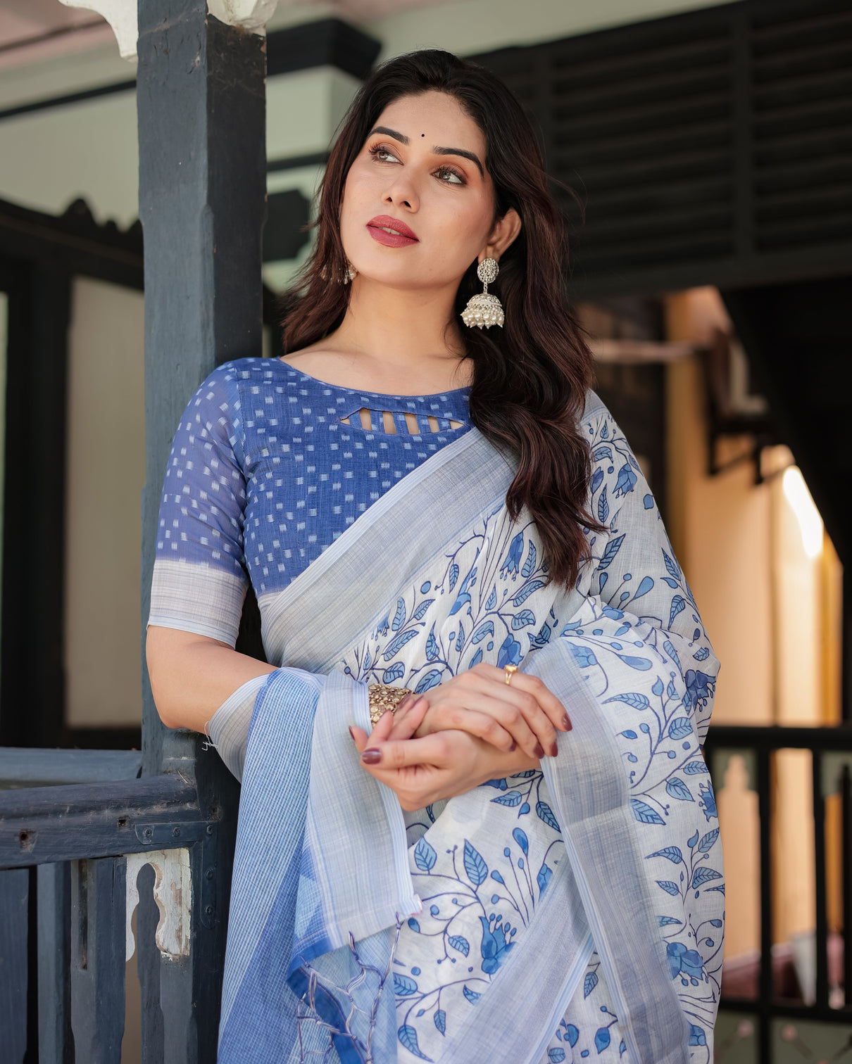 Blue and white floral pure cotton linen saree with blouse and tassels