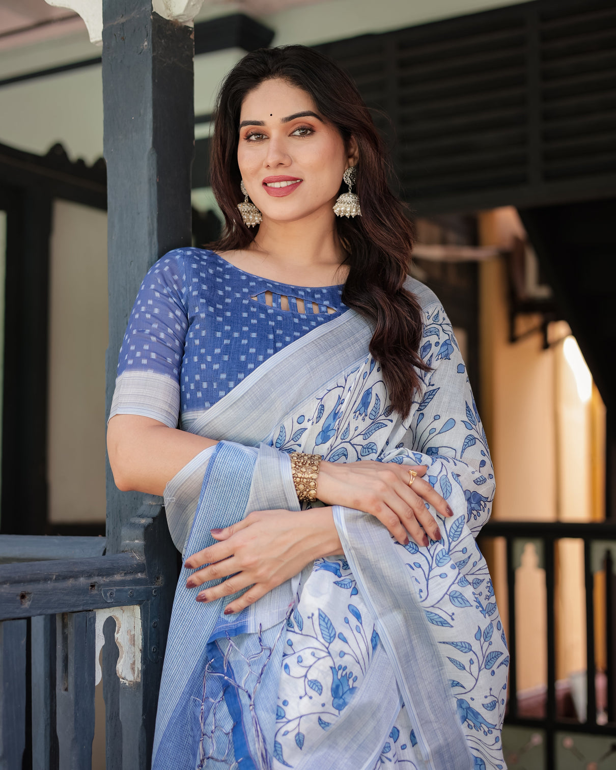 Blue and white floral pure cotton linen saree with blouse and tassels