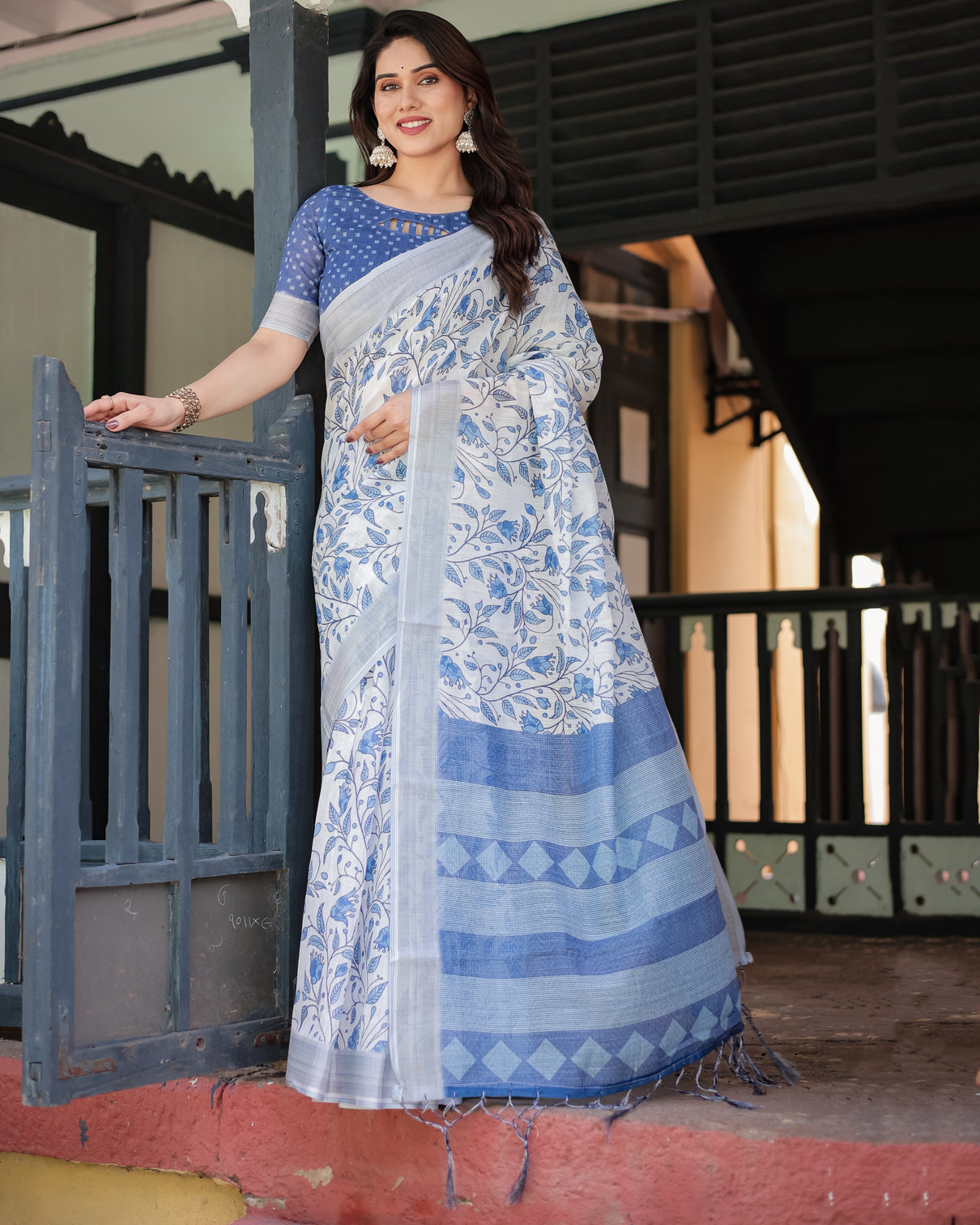 Blue and white floral pure cotton linen saree with blouse and tassels