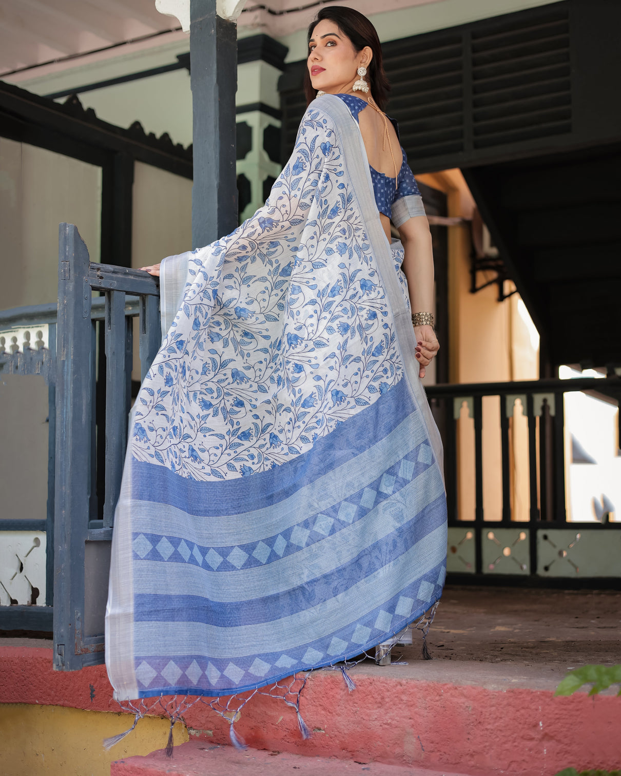 Blue and white floral pure cotton linen saree with blouse and tassels