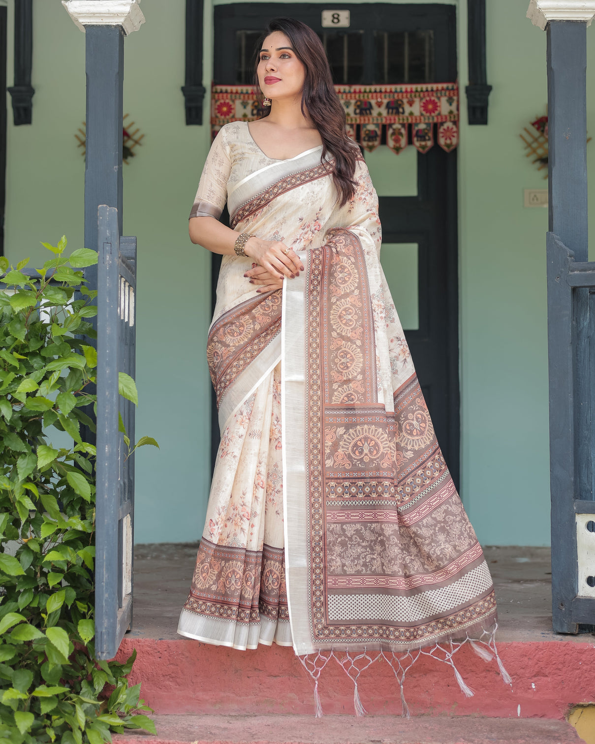 Cream and brown floral print pure cotton linen saree with blouse and tassels on edges mameraa