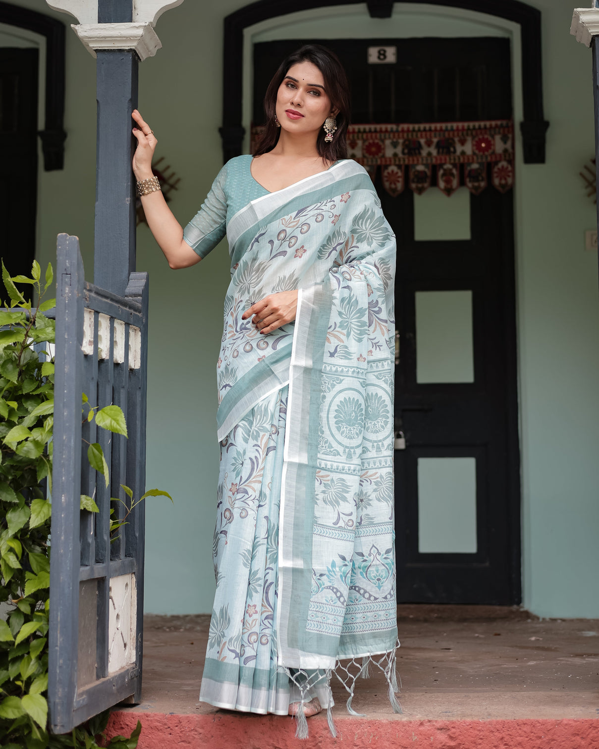Mint green floral pure cotton linen saree with blouse and tassels