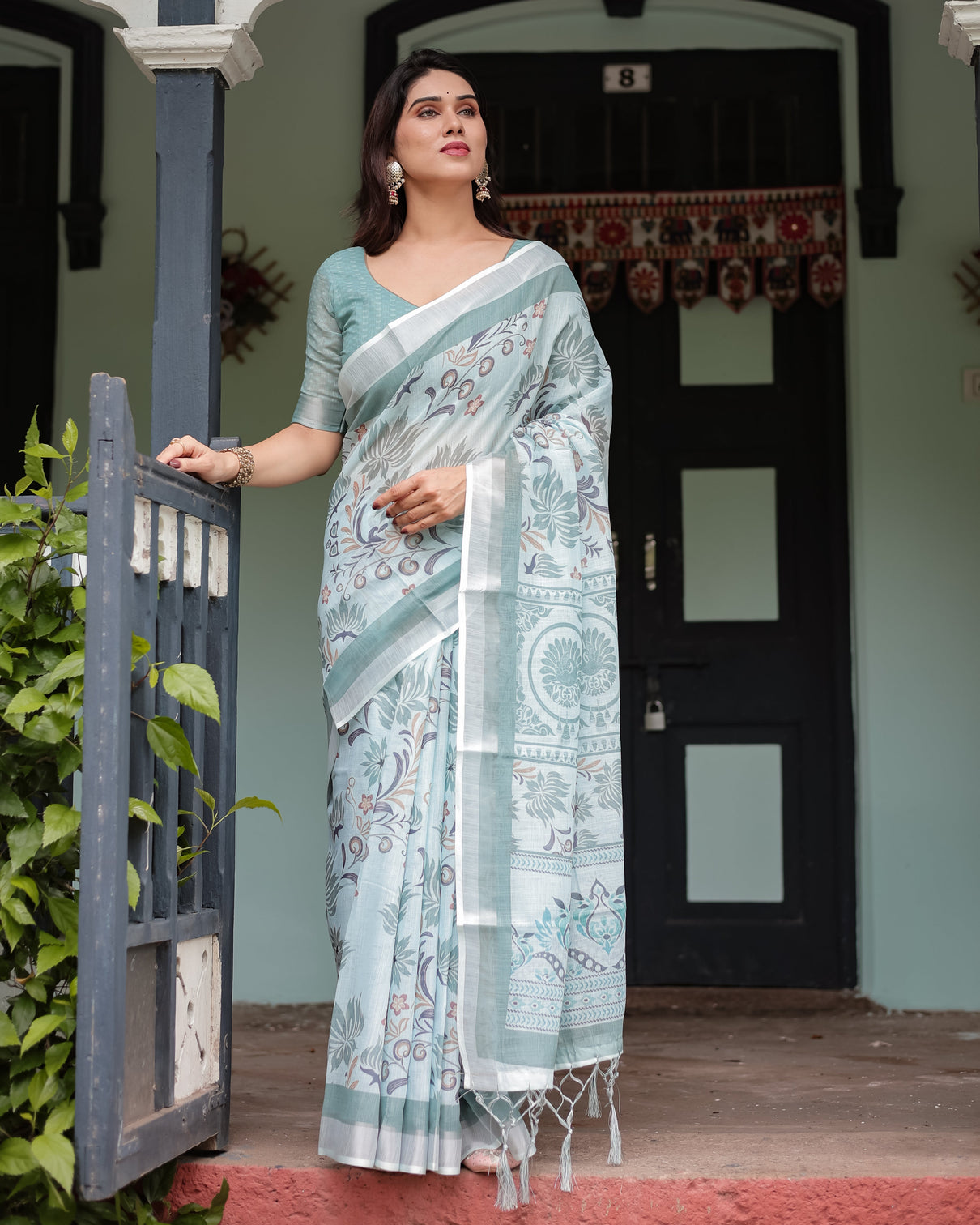 Mint green floral pure cotton linen saree with blouse and tassels