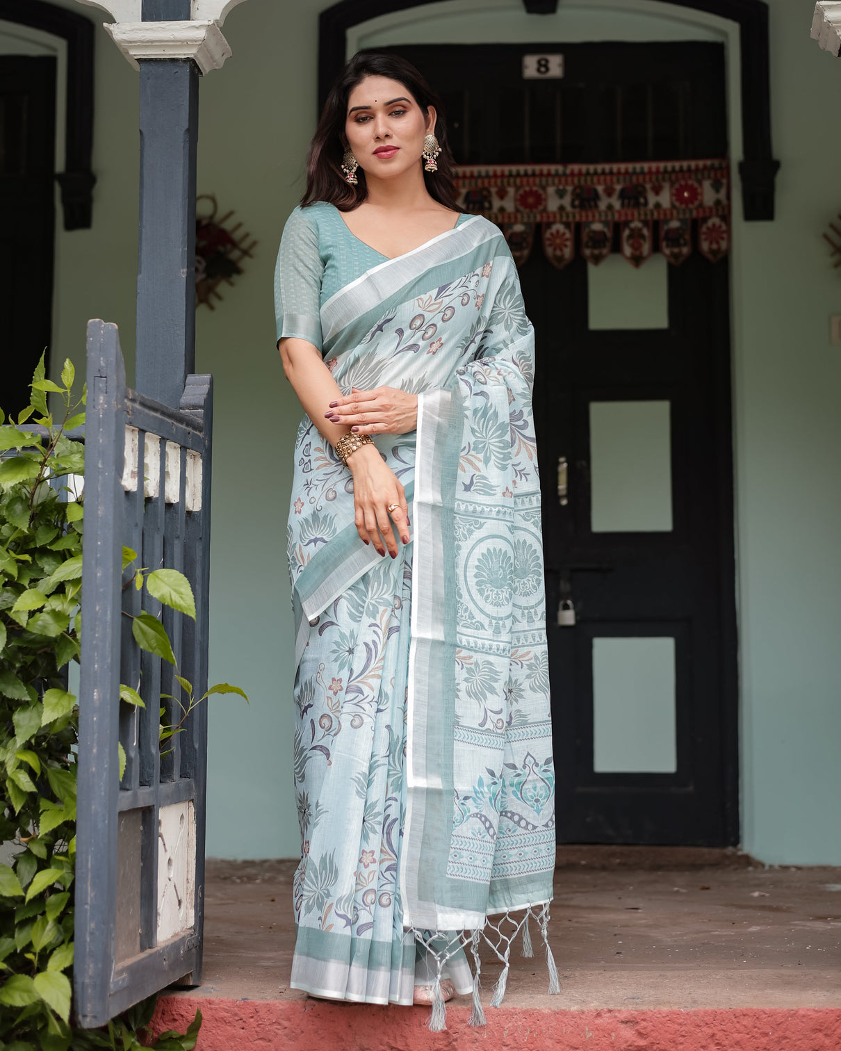 Mint green floral pure cotton linen saree with blouse and tassels mameraa