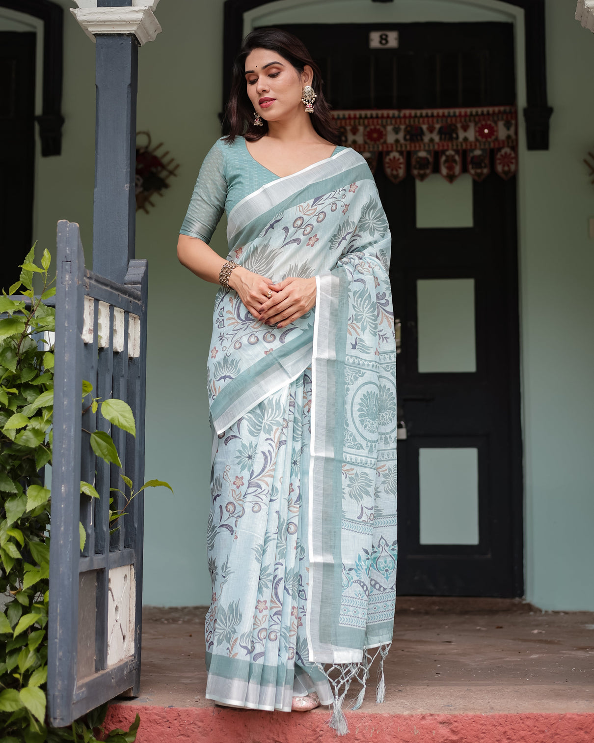 Mint green floral pure cotton linen saree with blouse and tassels
