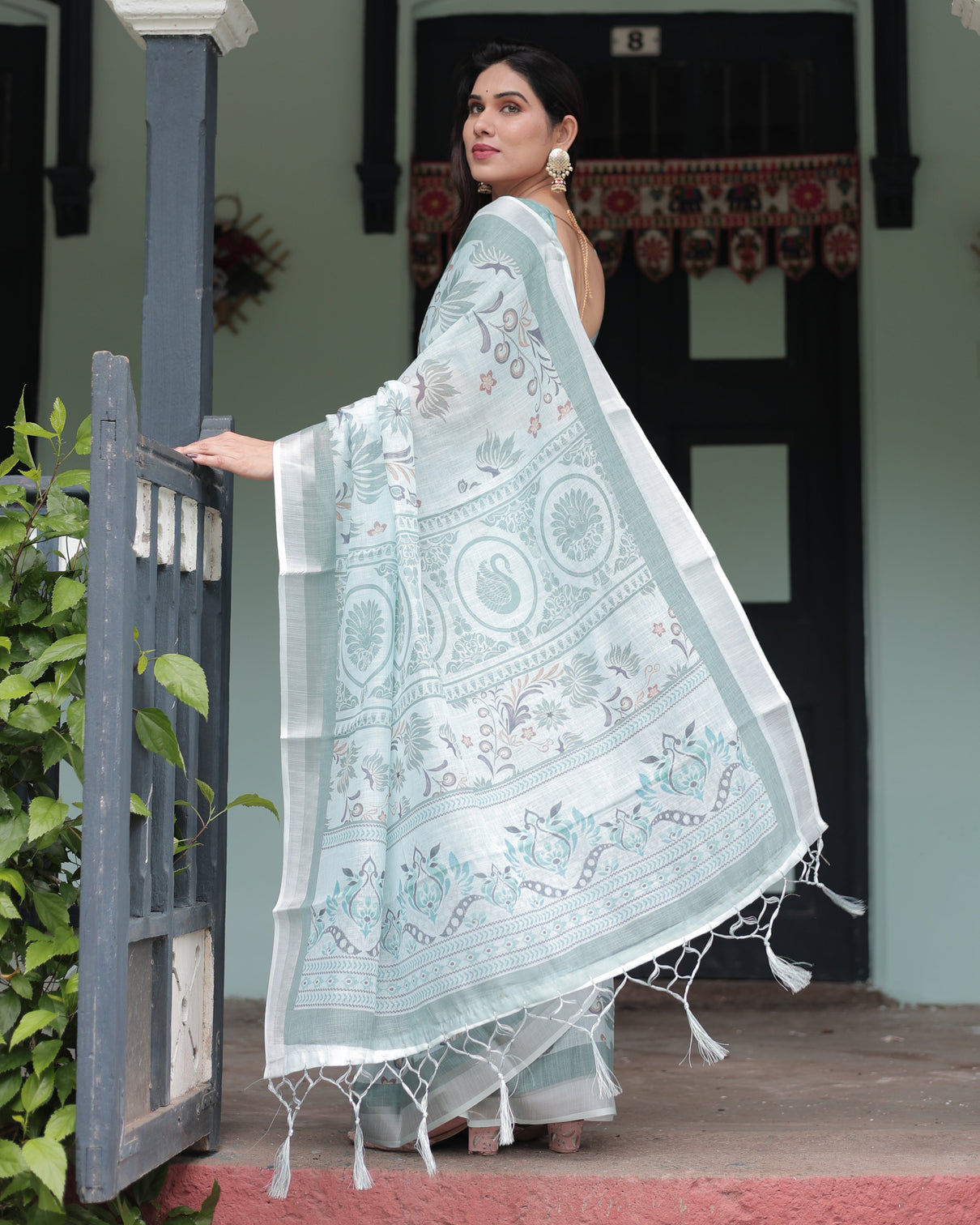 Mint green floral pure cotton linen saree with blouse and tassels