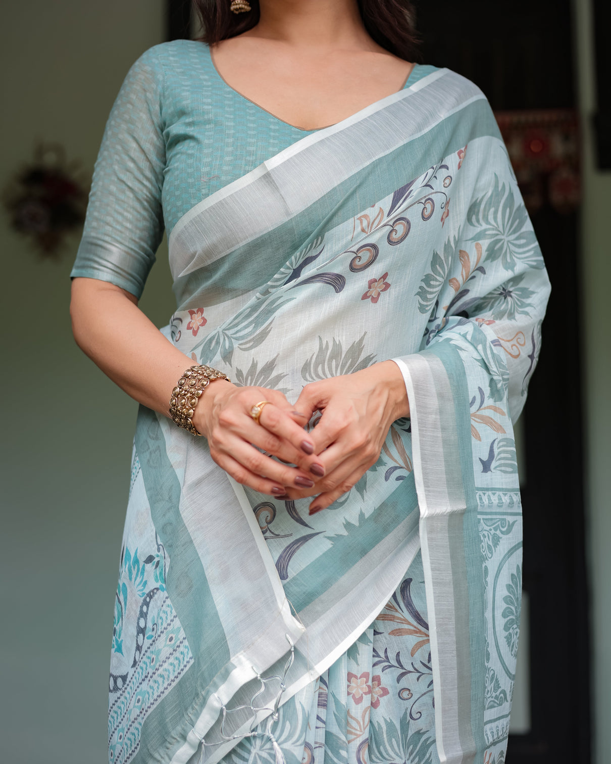 Mint green floral pure cotton linen saree with blouse and tassels