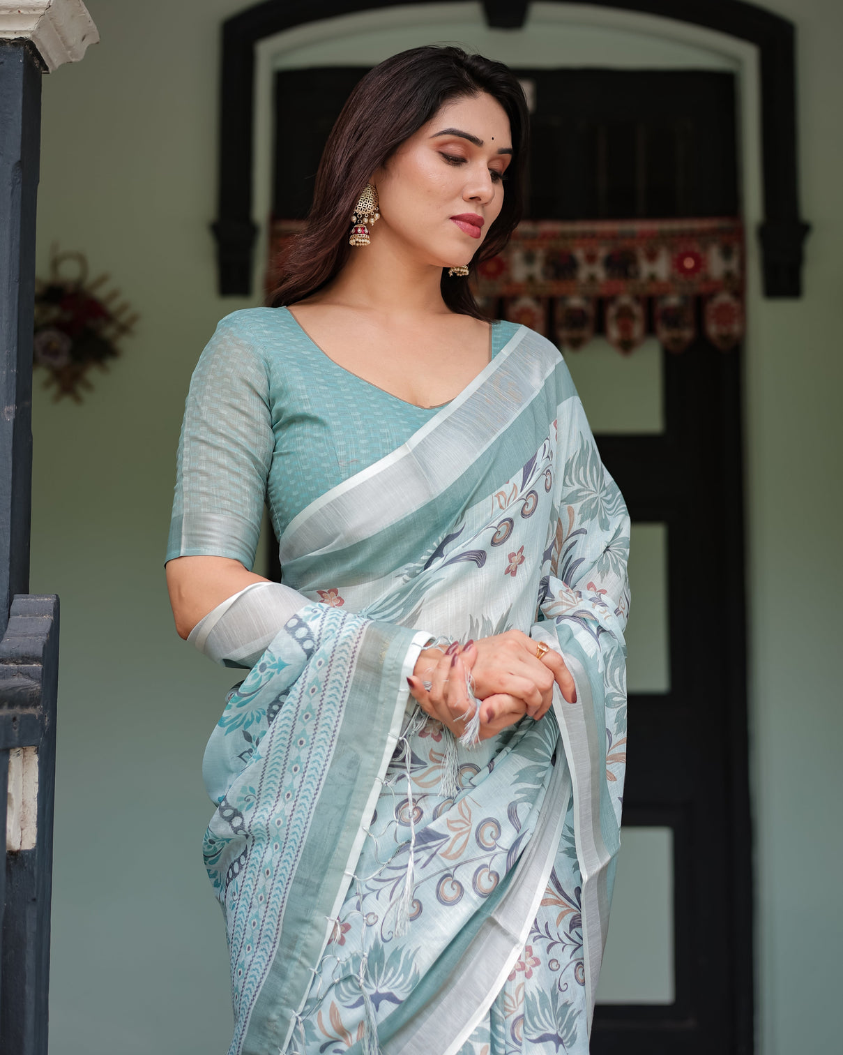 Mint green floral pure cotton linen saree with blouse and tassels
