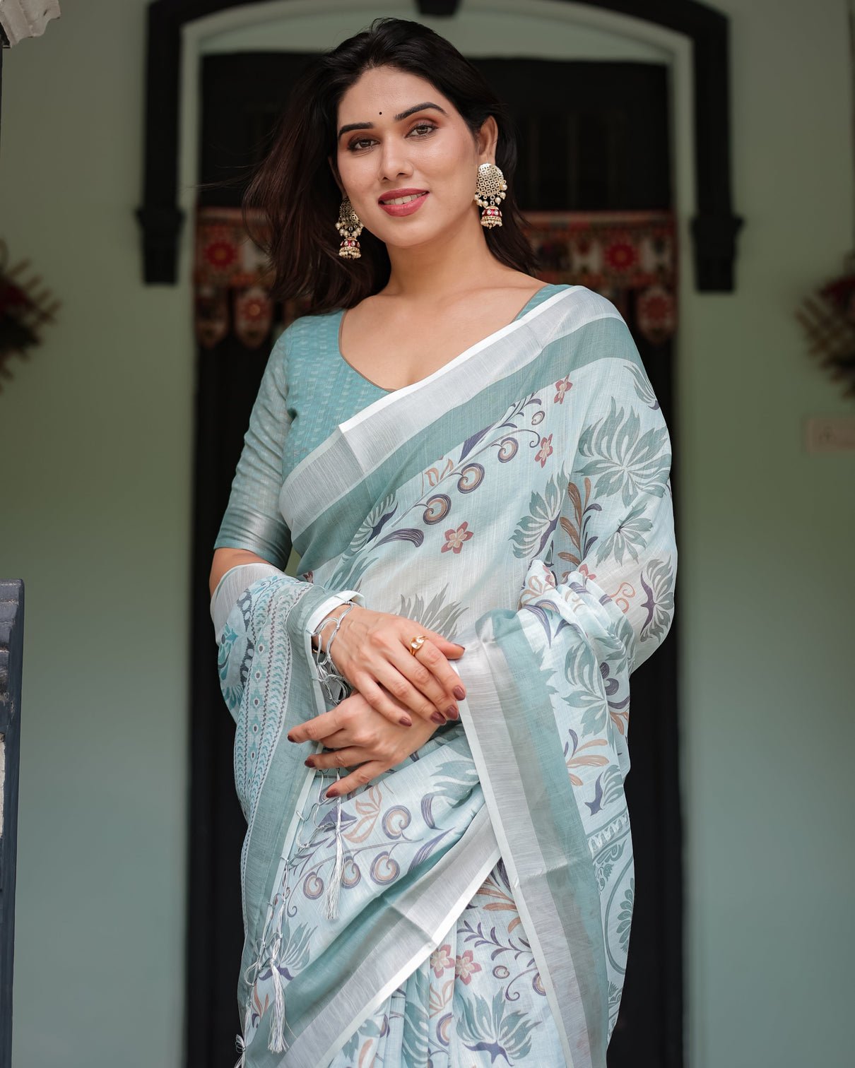 Mint green floral pure cotton linen saree with blouse and tassels