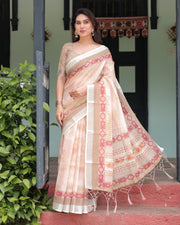Beige and pink floral printed pure cotton linen saree with blouse and tassels on edges mameraa