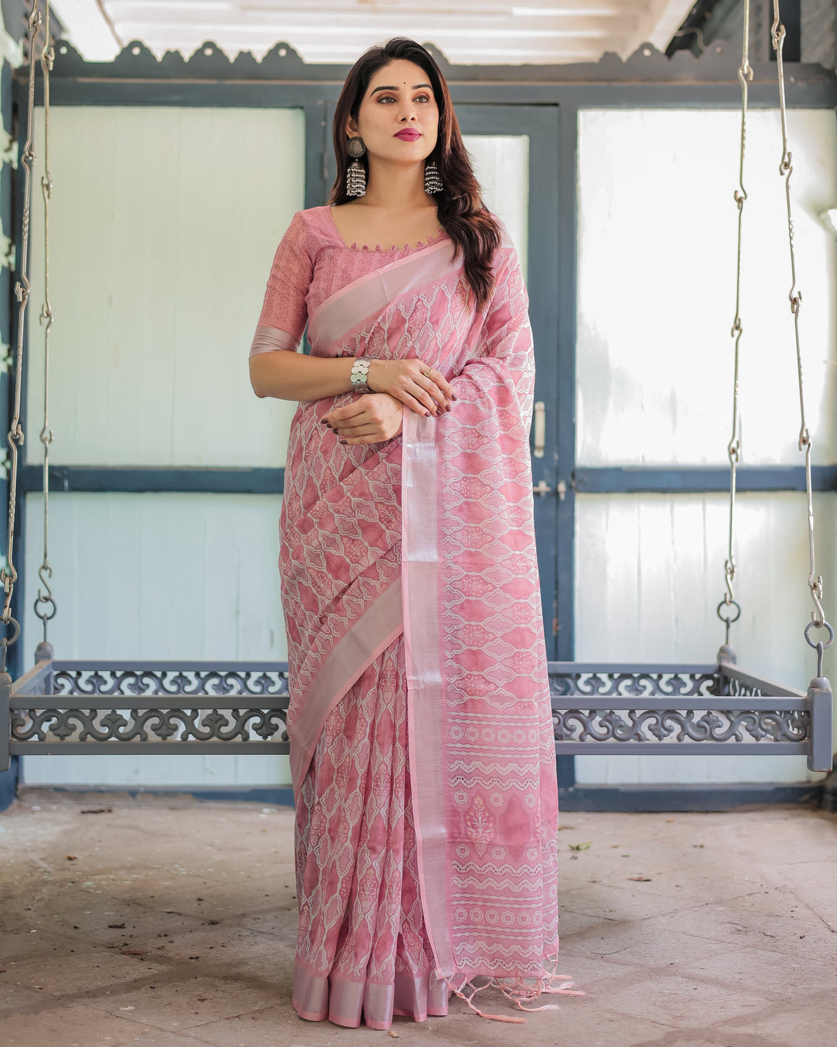 Elegant rose pink pure cotton linen saree with white thread work matching blouse and tassel edges mameraa