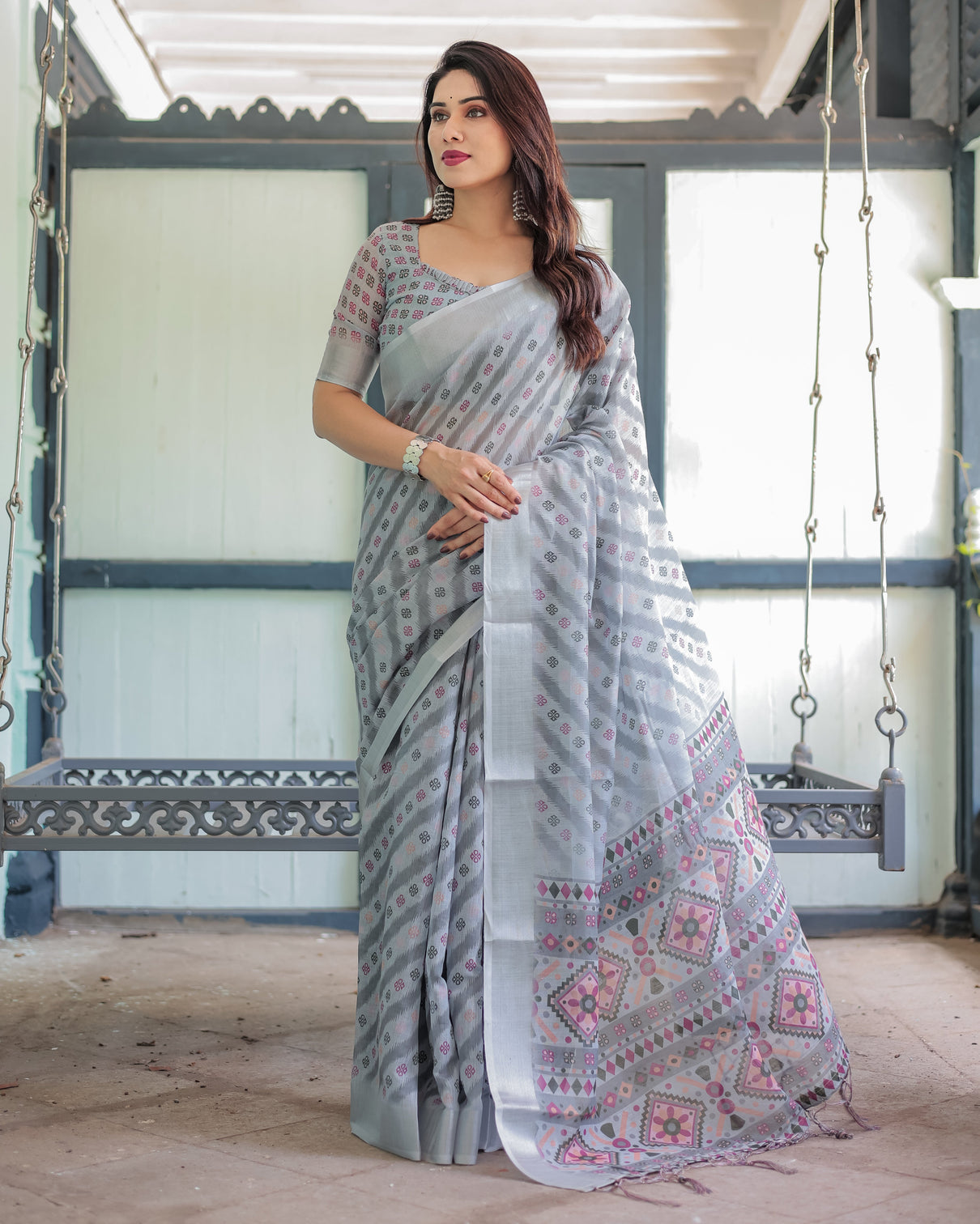 Grey pastel geometric floral print pure cotton linen saree with blouse and tassels