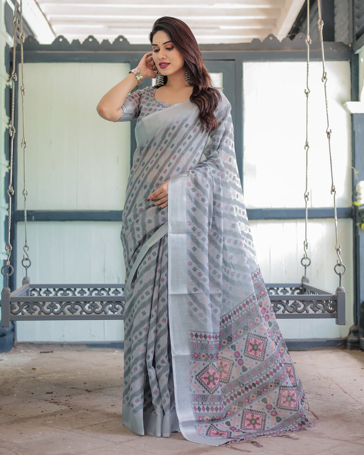 Grey pastel geometric floral print pure cotton linen saree with blouse and tassels