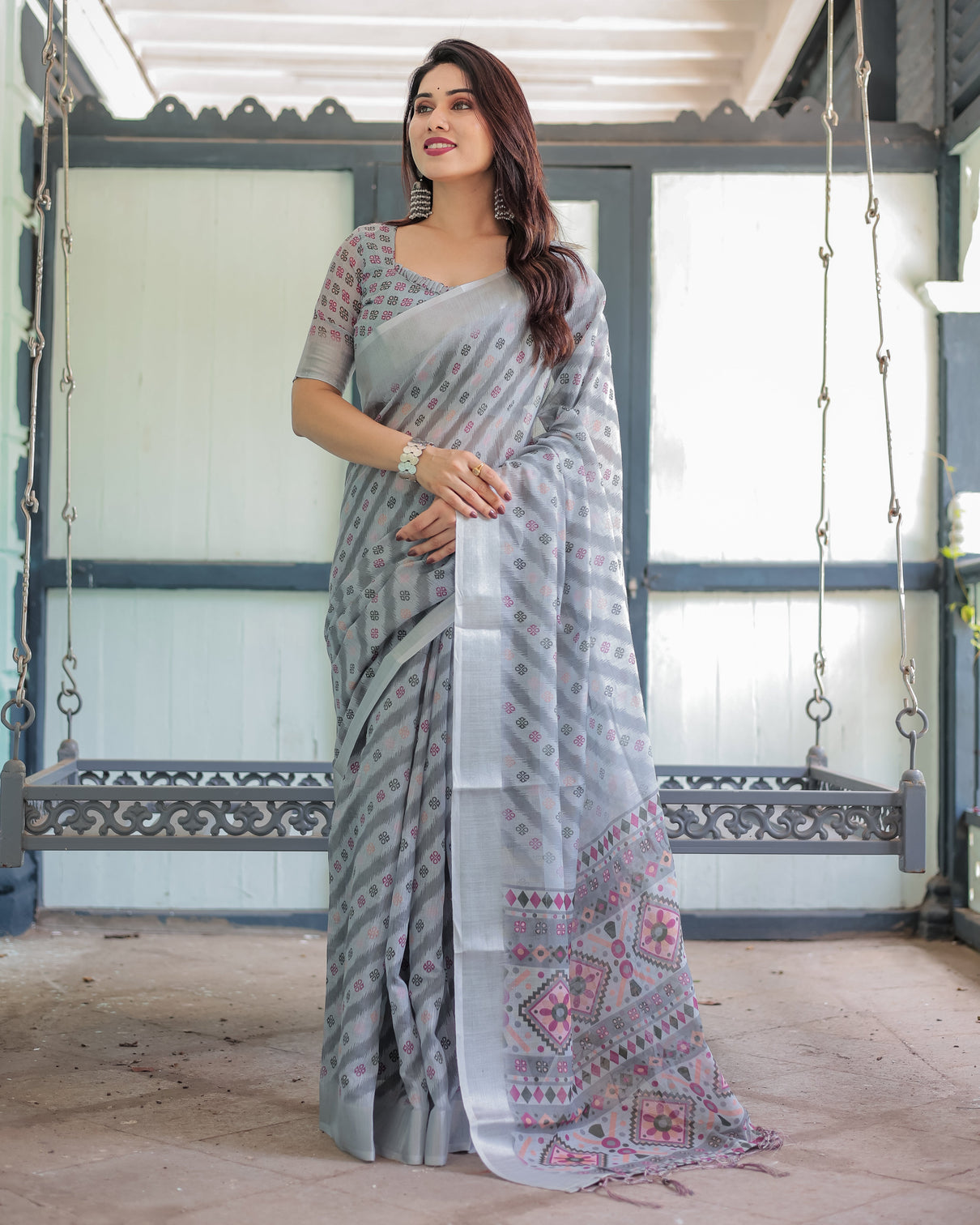 Grey pastel geometric floral print pure cotton linen saree with blouse and tassels