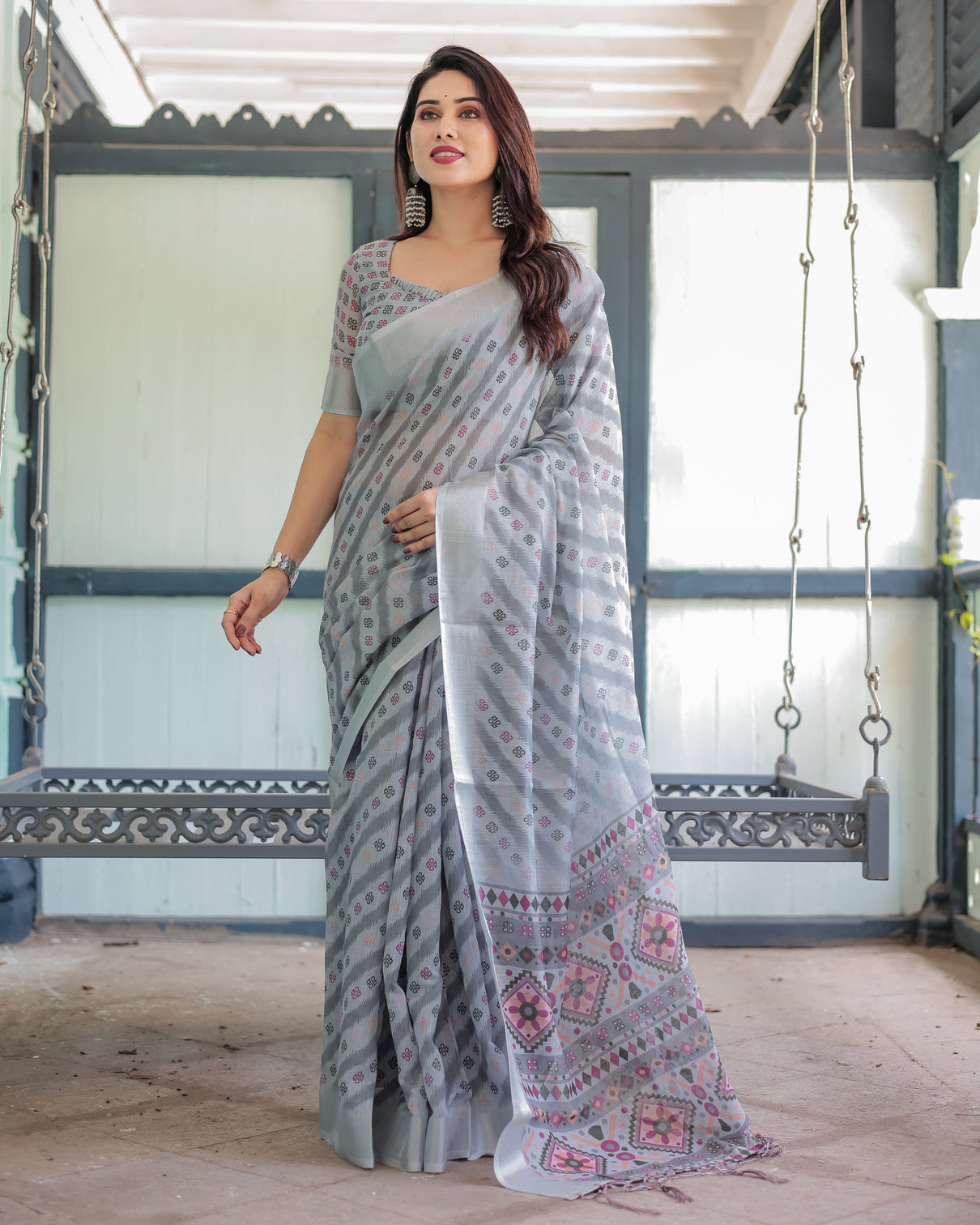 Grey pastel geometric floral print pure cotton linen saree with blouse and tassels mameraa