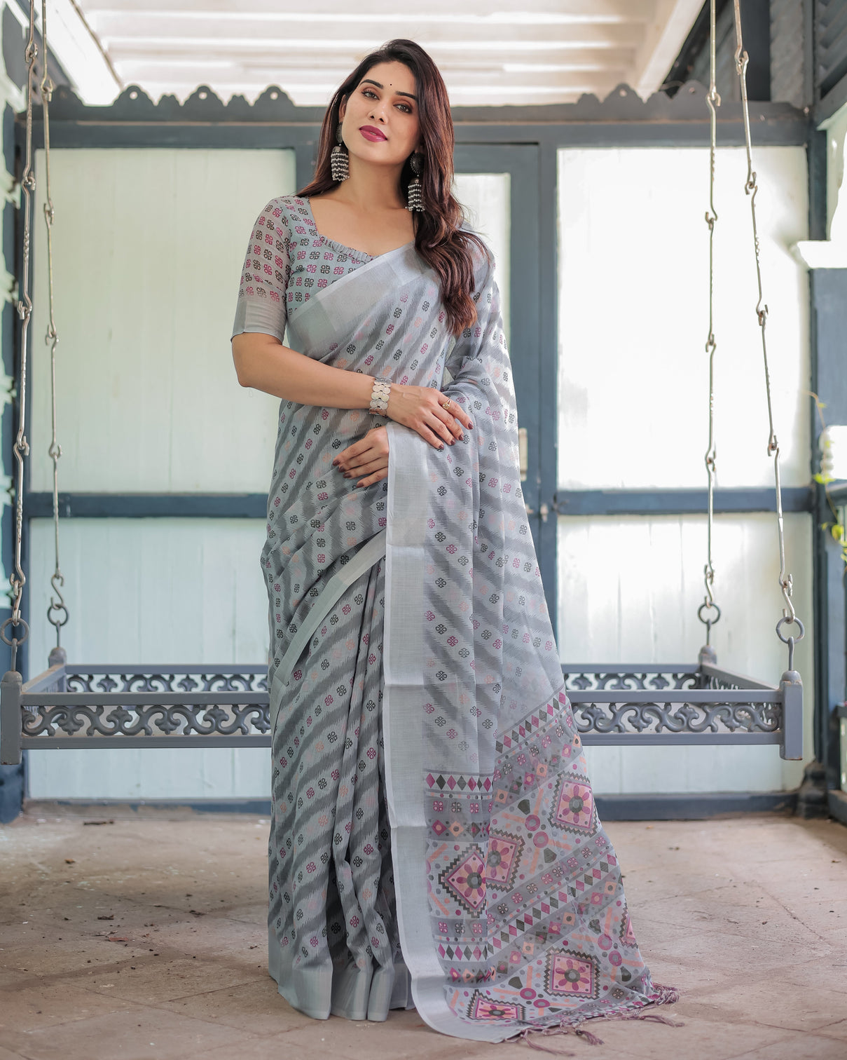Grey pastel geometric floral print pure cotton linen saree with blouse and tassels