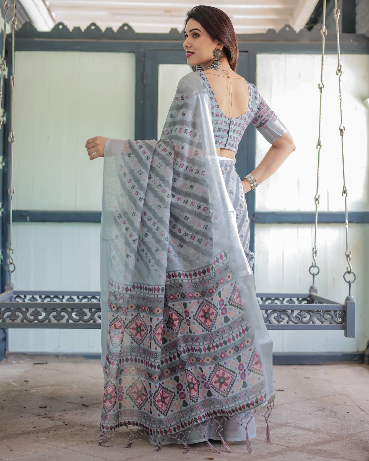 Grey pastel geometric floral print pure cotton linen saree with blouse and tassels