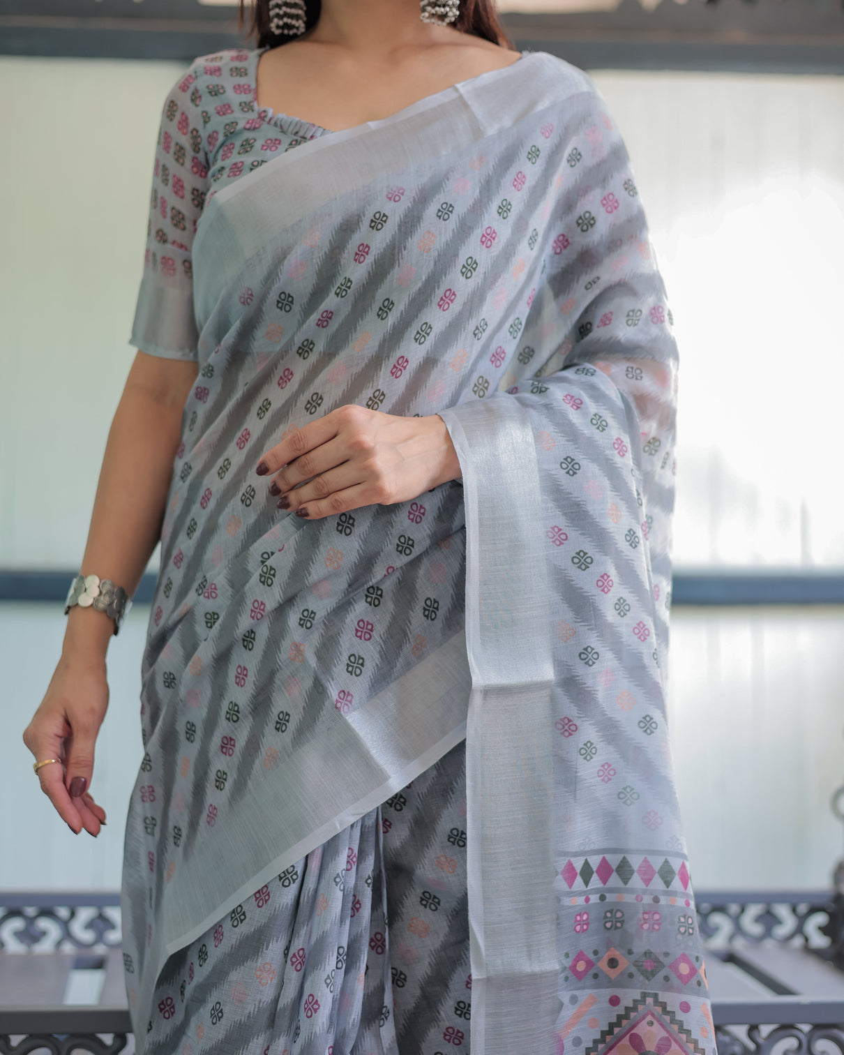 Grey pastel geometric floral print pure cotton linen saree with blouse and tassels