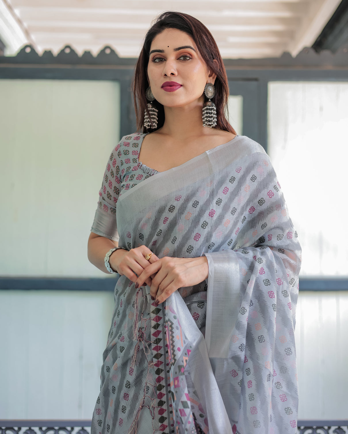 Grey pastel geometric floral print pure cotton linen saree with blouse and tassels