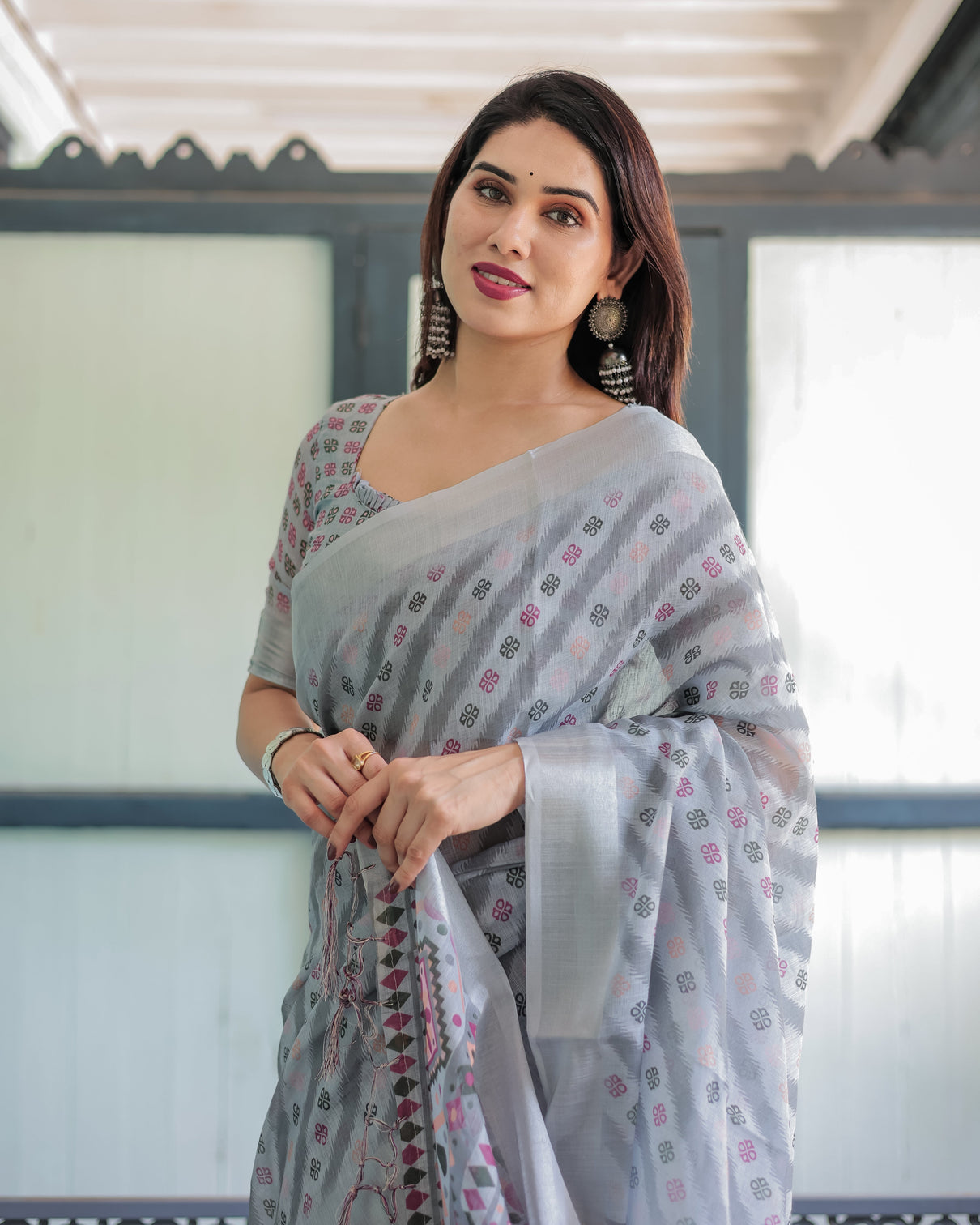 Grey pastel geometric floral print pure cotton linen saree with blouse and tassels