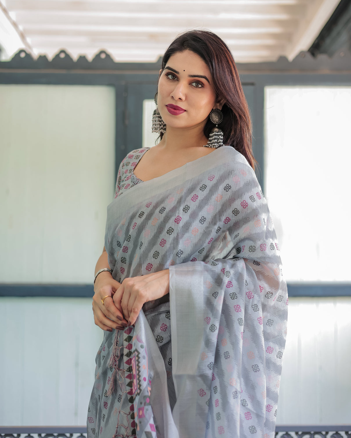 Grey pastel geometric floral print pure cotton linen saree with blouse and tassels