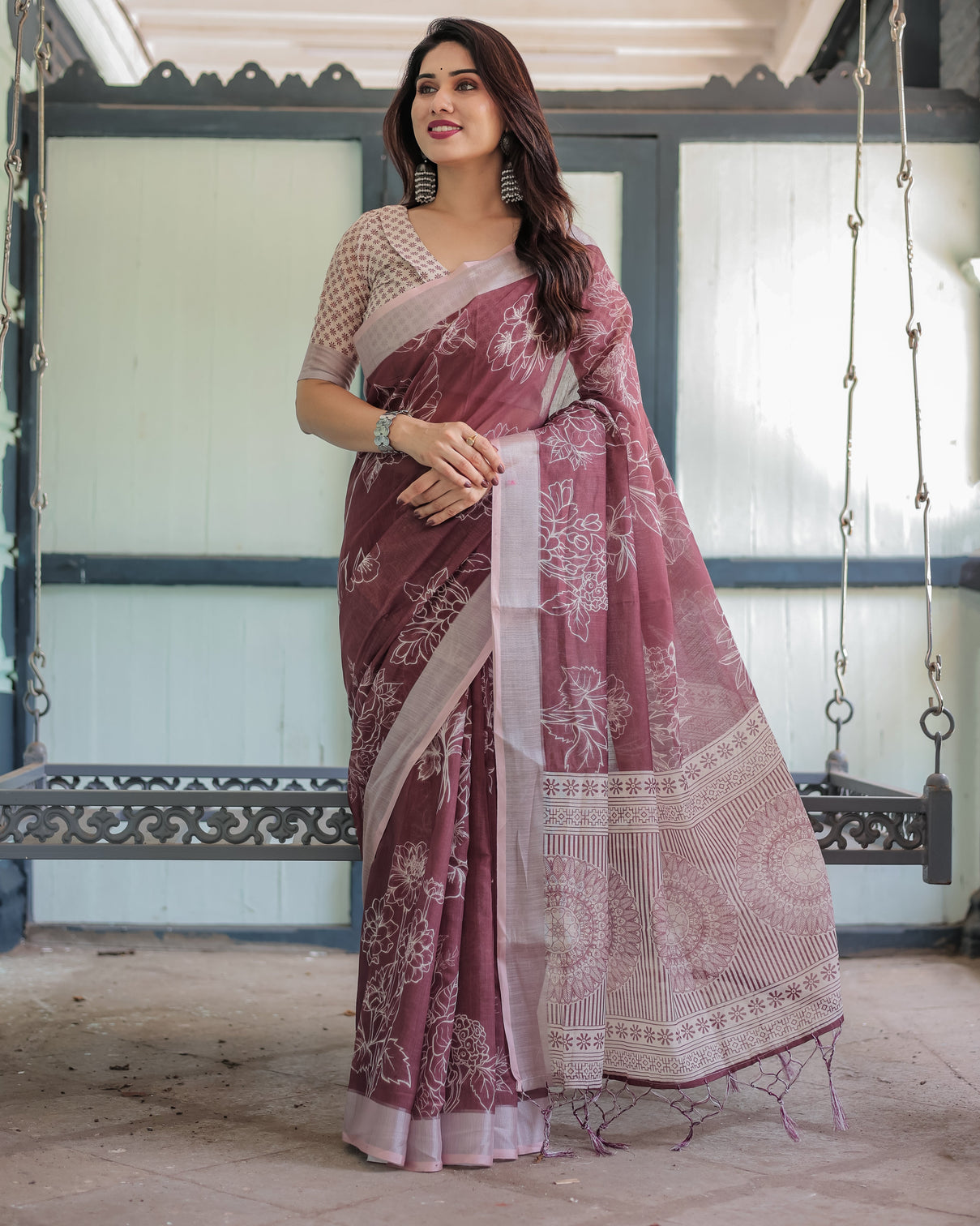 Maroon floral printed pure cotton linen saree with blouse and tassels