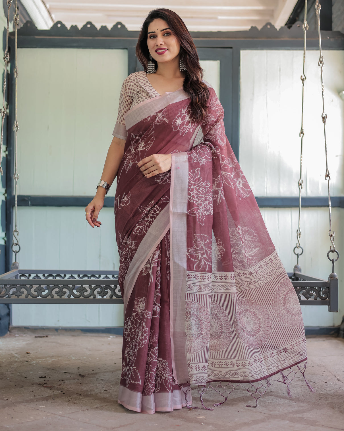 Maroon floral printed pure cotton linen saree with blouse and tassels