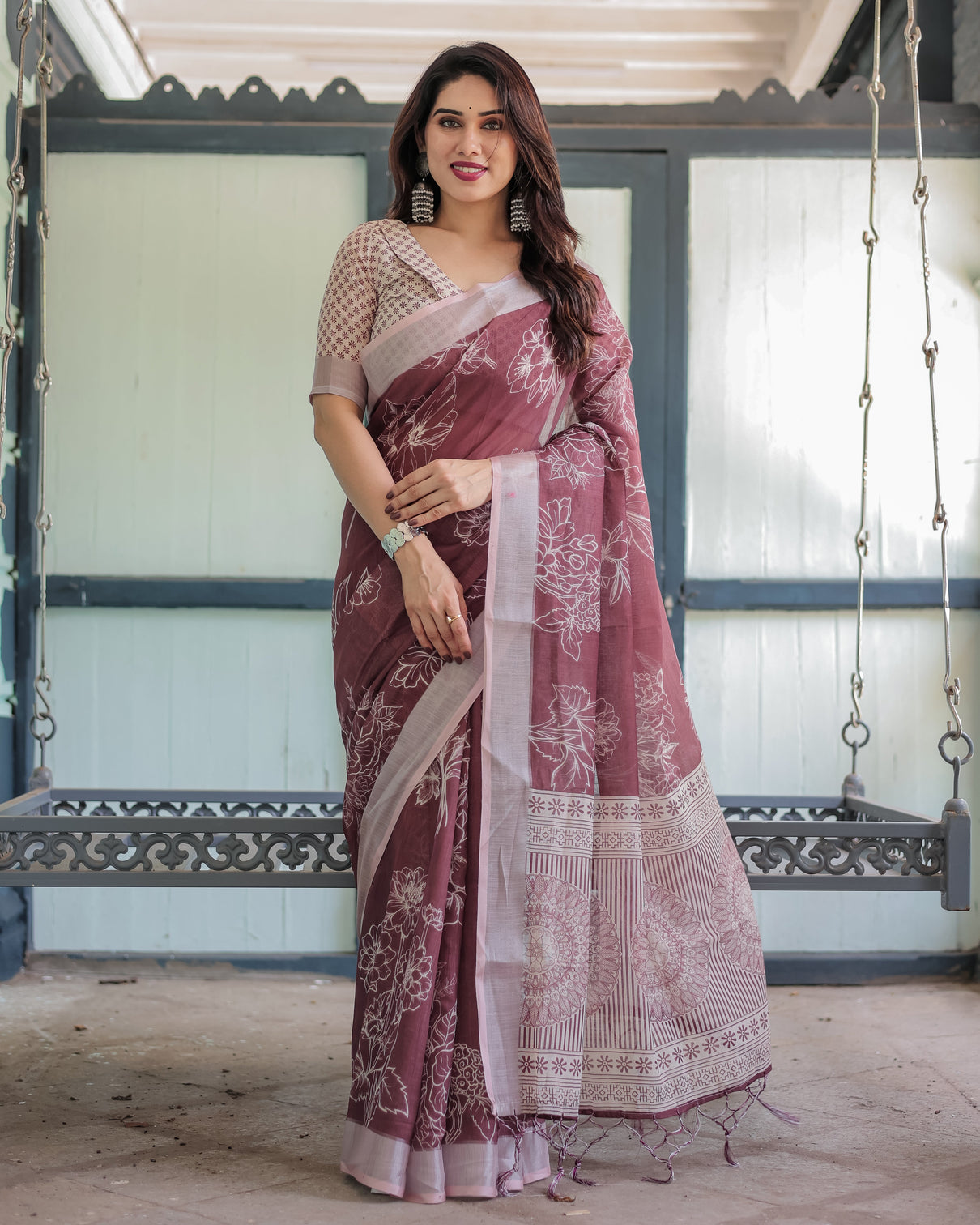 Maroon floral printed pure cotton linen saree with blouse and tassels mameraa