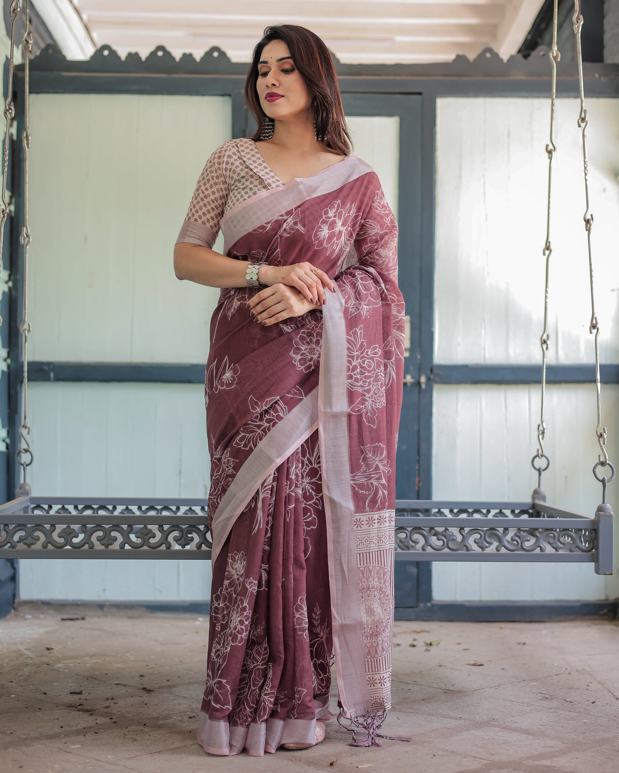 Maroon floral printed pure cotton linen saree with blouse and tassels
